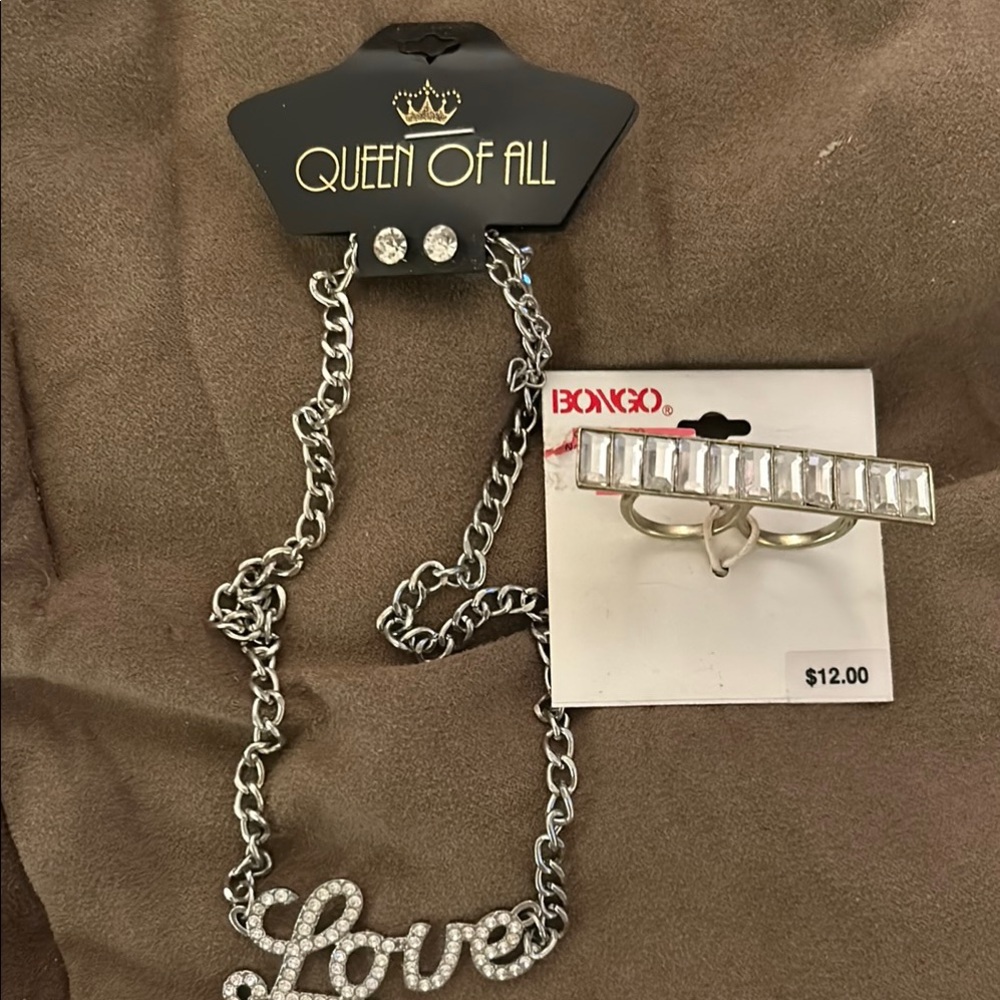 Silver Love Necklace and Bongo Ring Set